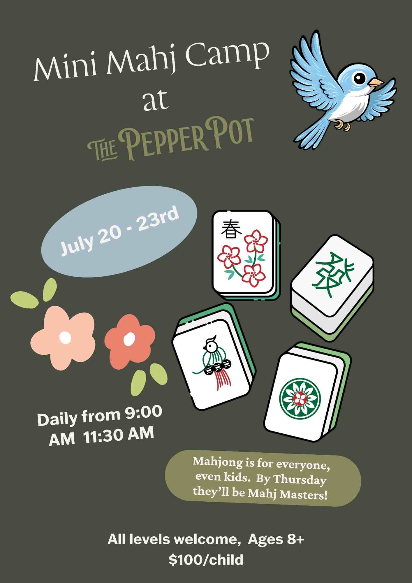 Advertisement for Mini Mahj Camp at The Pepper Pot with mahjong tiles and a bird.