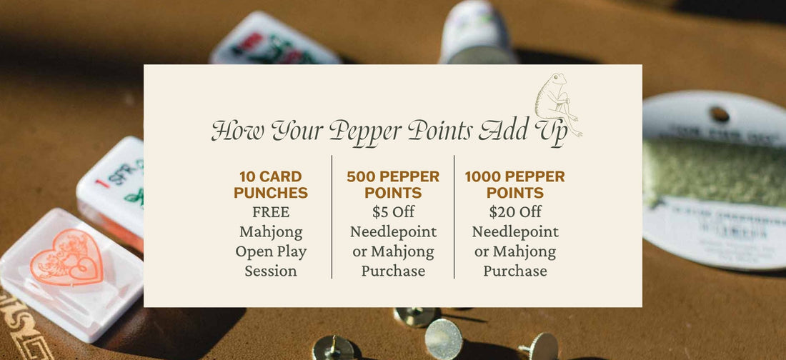 A promotional sign reading 'How Your Pepper Points Add Up' with discount rules for pepper punches, displayed over a blurred mahjong table scene with tiles and coins.
