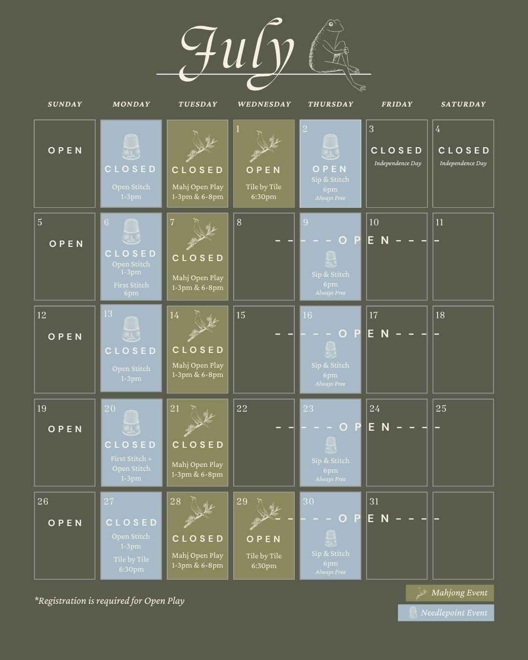 Calendar of events at The Pepper Pot for July 2026 in Barrington, IL