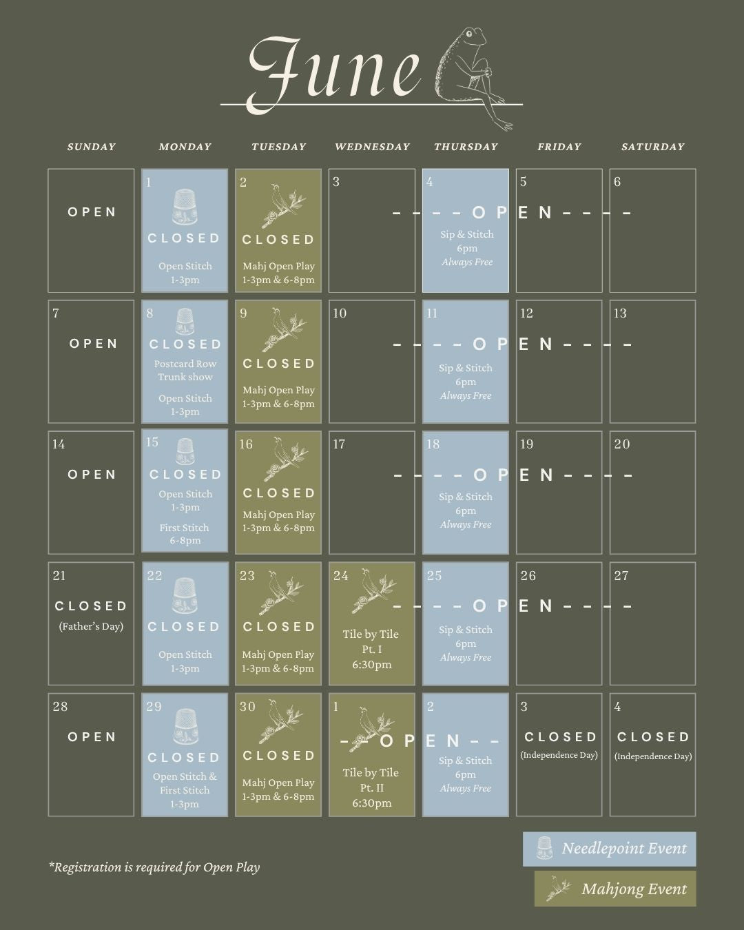 Calendar for June with various needlepoint and mahjong events at The Pepper Pot in Barrington, IL for June 2026