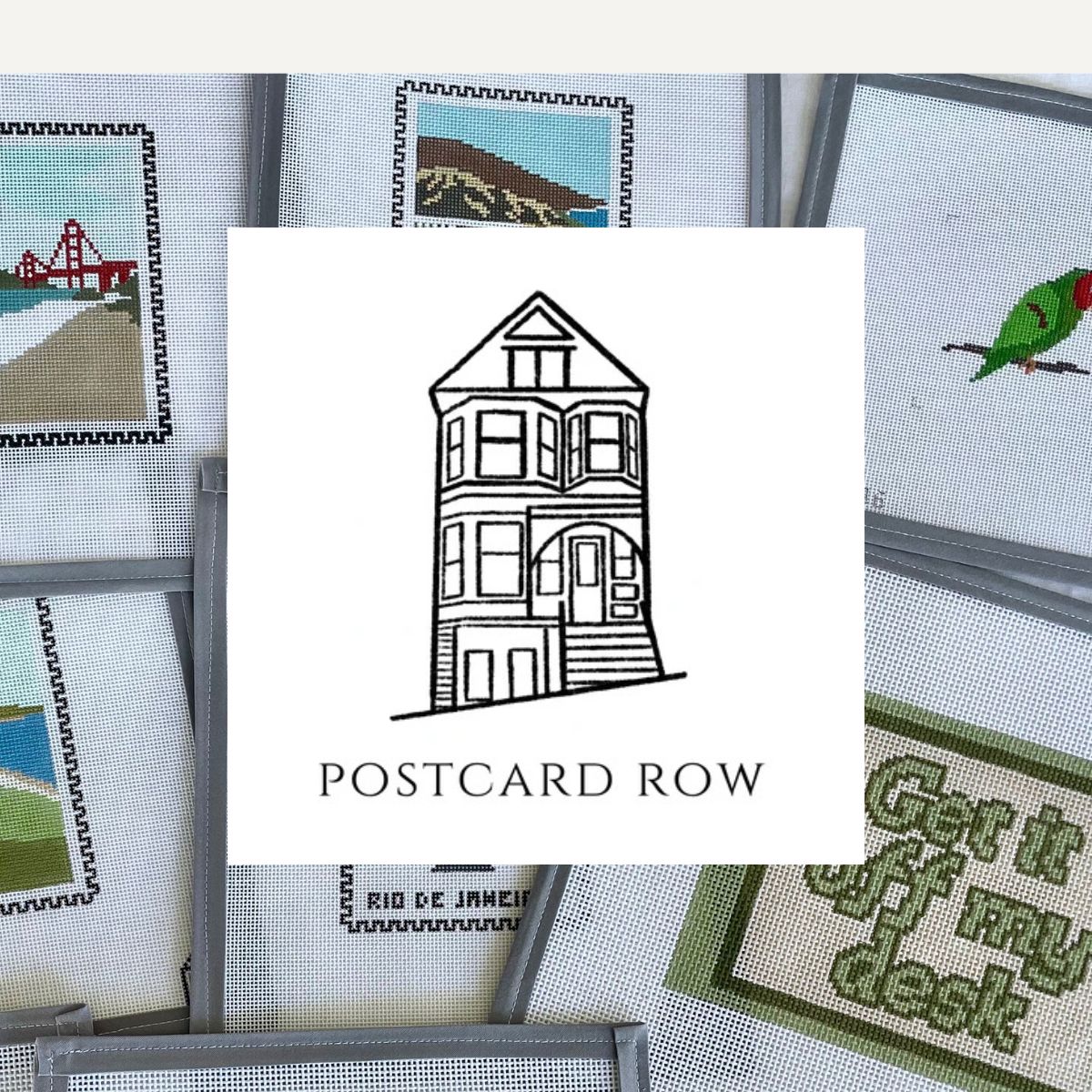 Collage of needlepoint canvases with a house illustration and 'POSTCARD ROW' text.