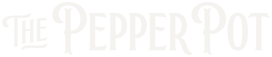 Logo of 'The Pepper Pot' in white text on a transparent background.  Needlepoint and Mahjong Specialty Store in Barrington, IL
