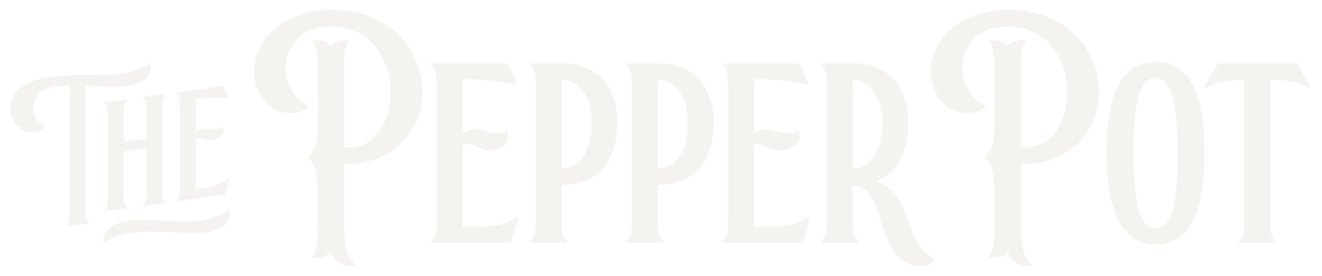 Logo of 'The Pepper Pot' in white text on a transparent background.  Needlepoint and Mahjong Specialty Store in Barrington, IL
