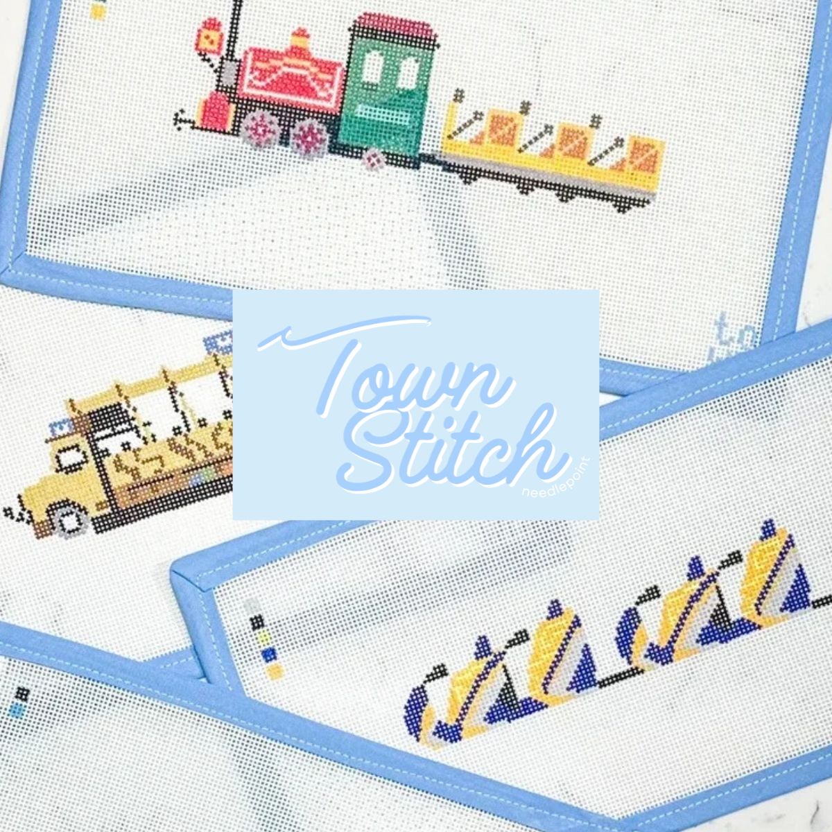 A close-up of several needlepoint canvas designs with light blue borders, including a colorful train and abstract stitched figures. A pale blue central label reads 'Town Stitch'.
