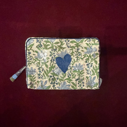 Beth Ladd Project Bags-Bags-Beth Ladd-Blue and Green Block Print Grande with Heart Embroidery-The Pepper Pot