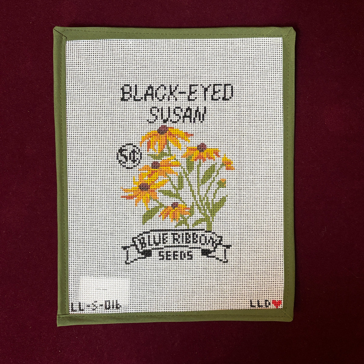 Black Eyed Susan Seed Packet (13 mesh)-Needlepoint Canvas-Laura Love Designs-The Pepper Pot Barrington, IL