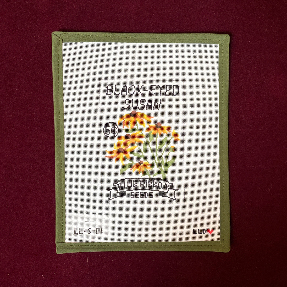 Black Eyed Susan Seed Packet (18 mesh)-Needlepoint Canvas-Laura Love Designs-The Pepper Pot Barrington, IL