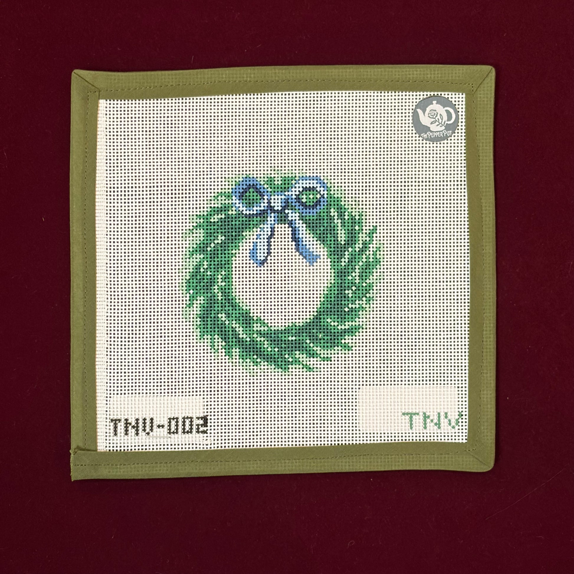 Blue Bow Christmas Wreath-Canvas-The Needlepoint Vault-The Pepper Pot