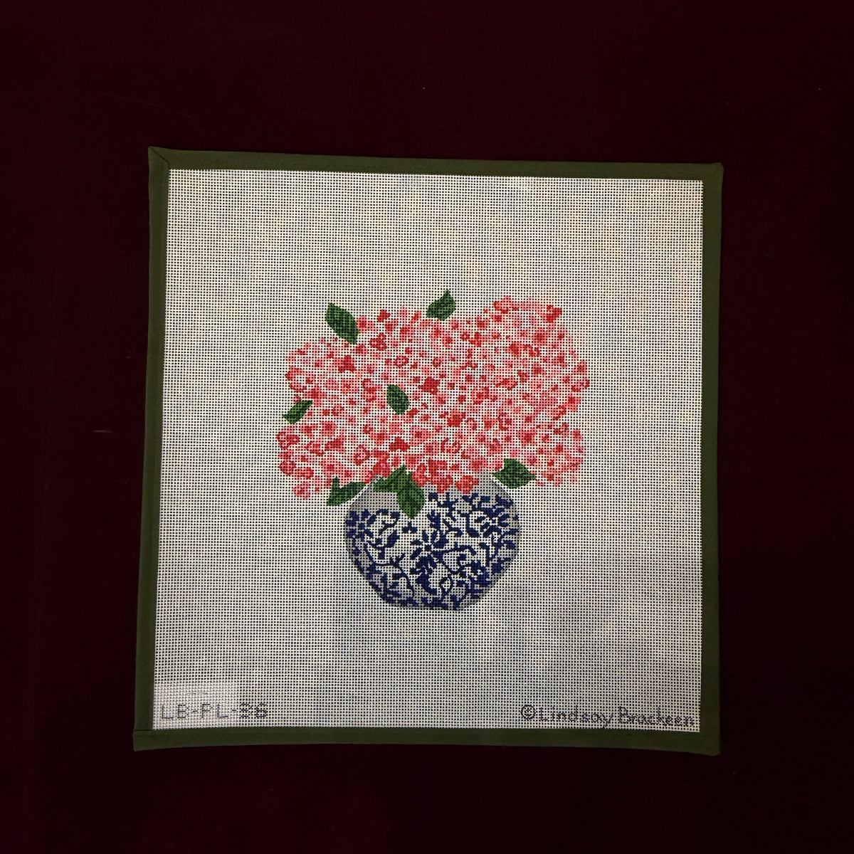 Blue Chinoiserie Pot with Pink Hydrangeas-Needlepoint Canvas-Kate Dickerson-The Pepper Pot Barrington, IL