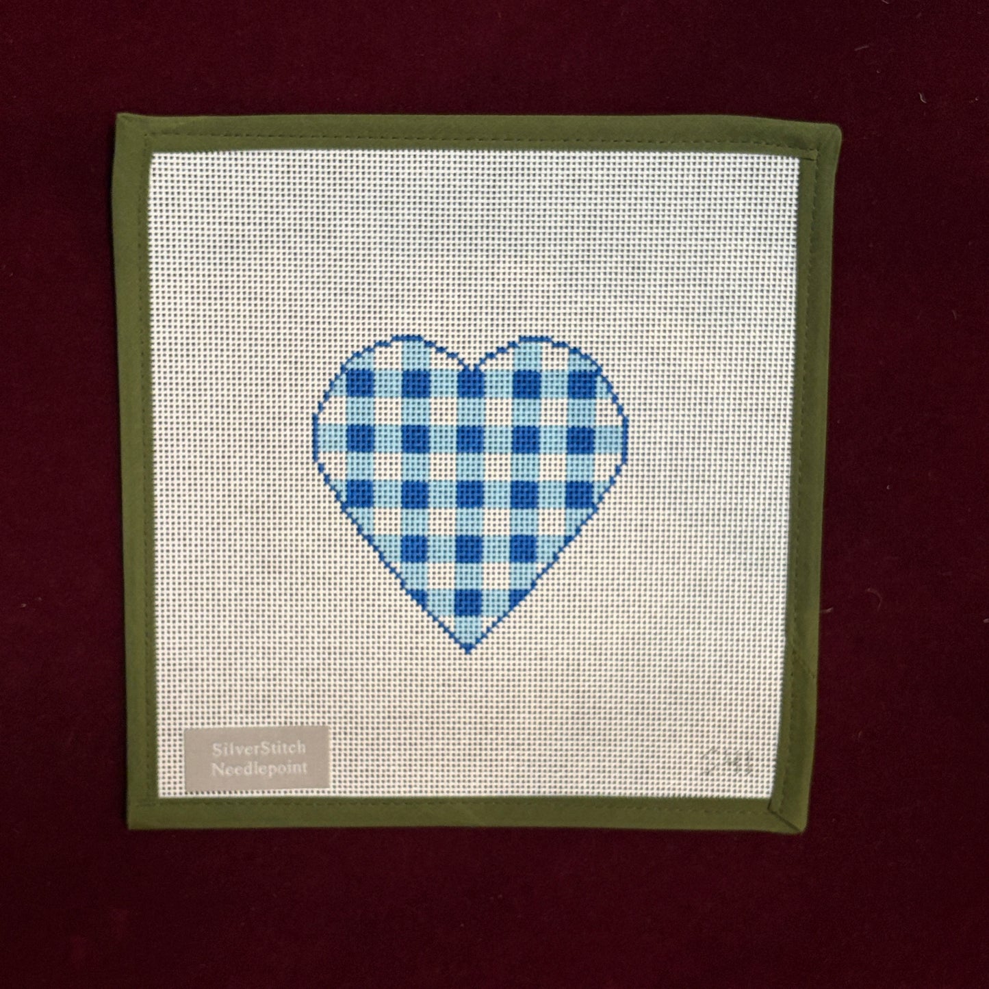 Blue Gingham Heart (Small)-Needlepoint Canvas-Silverstitch Needlepoint-The Pepper Pot Barrington, IL