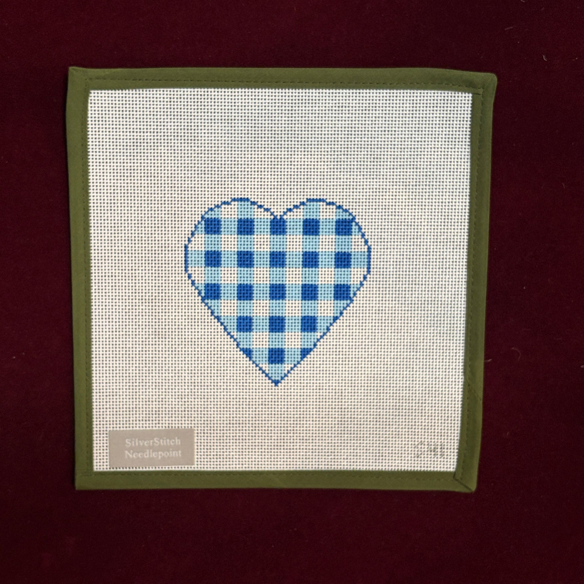 Blue Gingham Heart (Small)-Needlepoint Canvas-Silverstitch Needlepoint-The Pepper Pot Barrington, IL