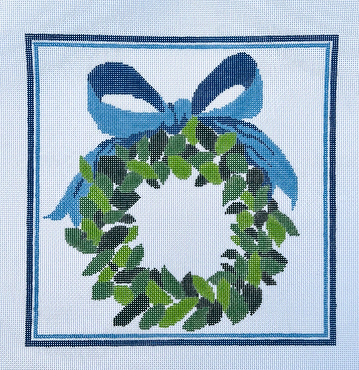 Blue Wreath PIllow August Trunk Show-Needlepoint Canvas-KCN Designers-The Pepper Pot Barrington, IL