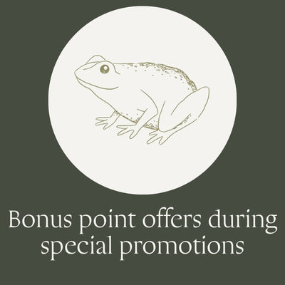 A promotional graphic with a dark olive green background, a large off-white oval containing a simple line drawing of a frog, and the text 'Bonus point offers during special promotions' below.