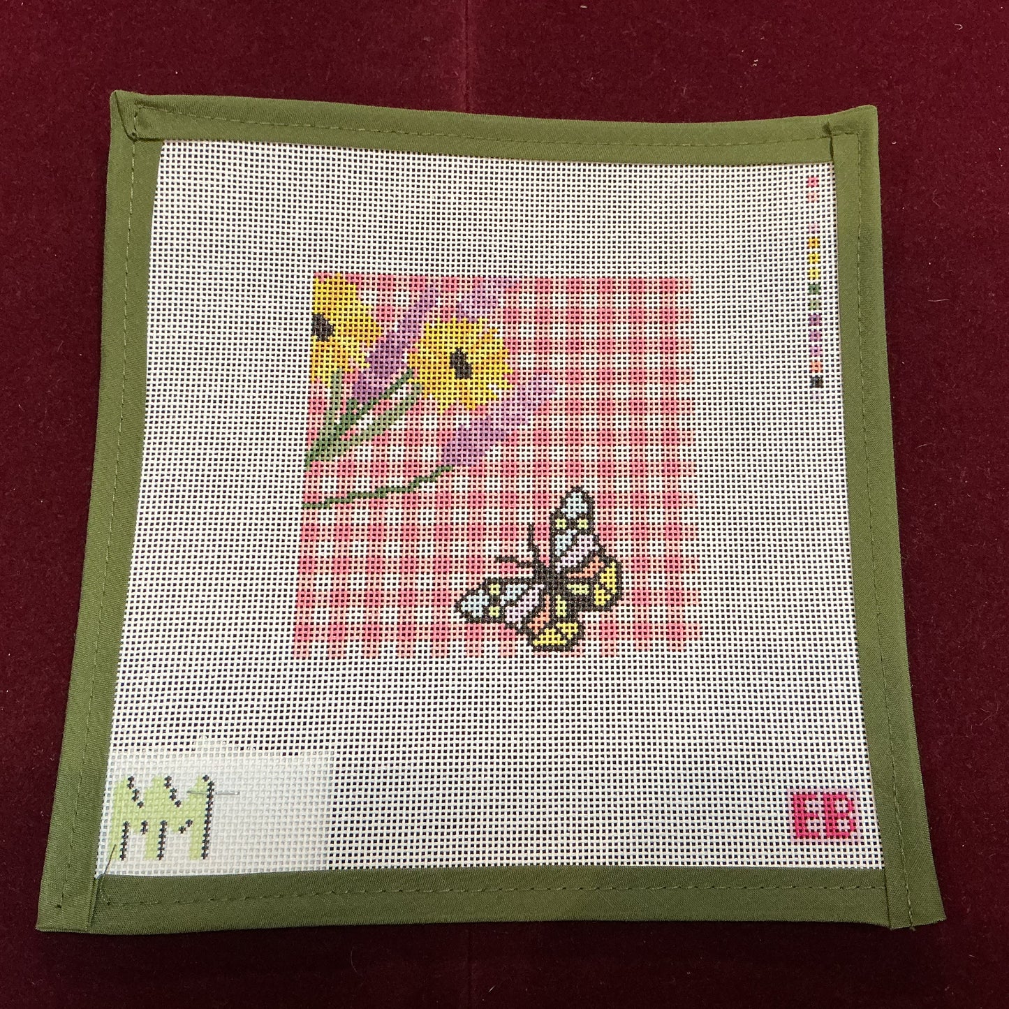 Butterfly and Flower coaster-Needlepoint Canvas-Elizabeth Brooke-The Pepper Pot Barrington, IL
