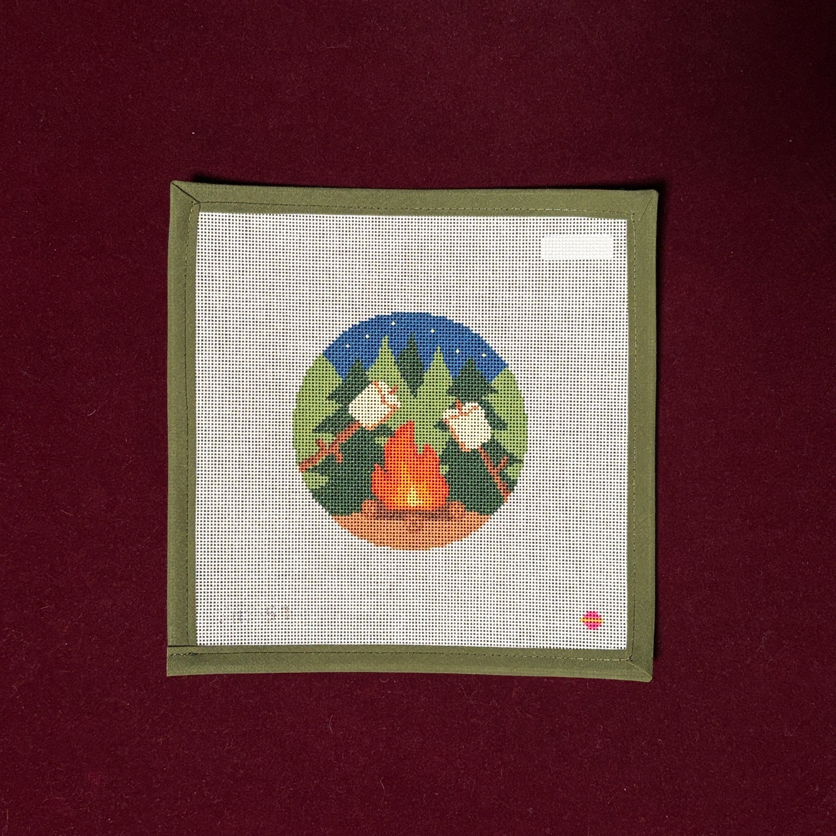 By The Campfire Round-Needlepoint Canvas-Saturnalia Stitching-The Pepper Pot Barrington, IL