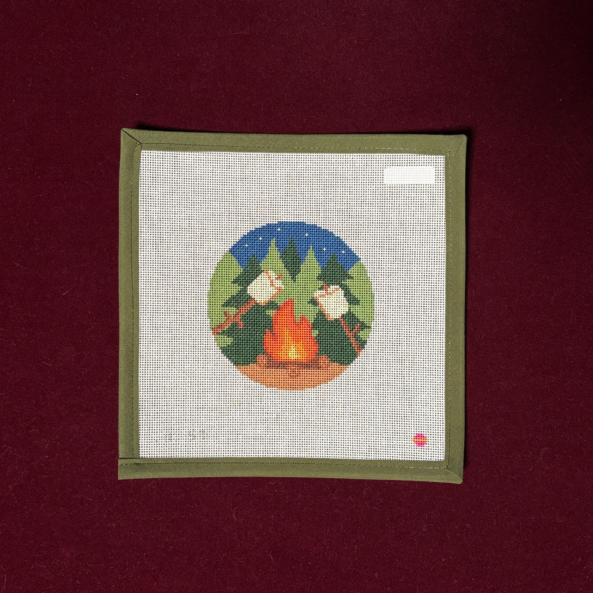 By The Campfire Round-Needlepoint Canvas-Saturnalia Stitching-The Pepper Pot Barrington, IL