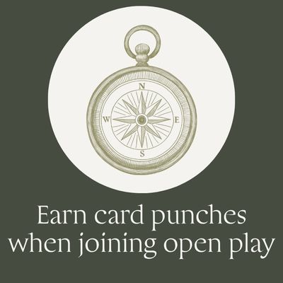 A promotional graphic with a compass illustration inside a white circle on a dark olive background, with the text 'Earn card punches when joining open play' below.