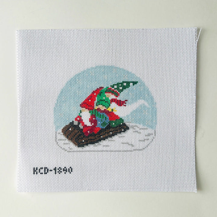 Clark, Sally and Ned Gnomes on Sled August Trunk Show-Needlepoint Canvas-KCN Designers-The Pepper Pot Barrington, IL