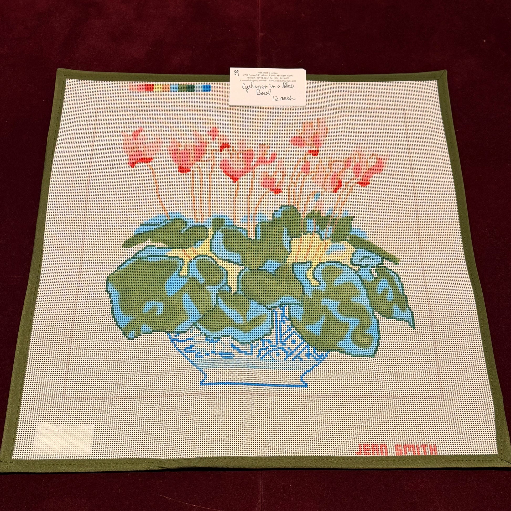 Cyclamen in a Blue Bowl-Needlepoint Canvas-Jean Smith-The Pepper Pot Barrington, IL