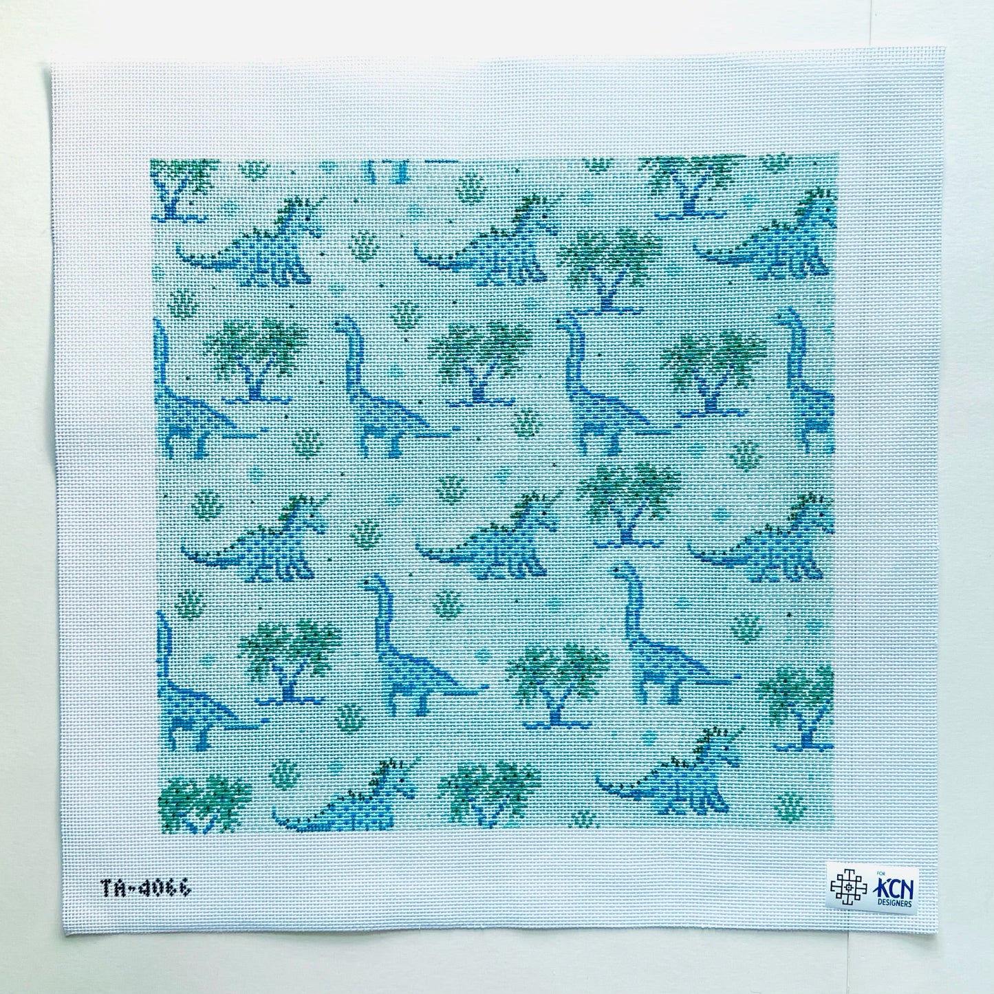 Dinosaur Large Square Canvas (Blue & Green) August Trunk Show-Needlepoint Canvas-KCN Designers-The Pepper Pot Barrington, IL