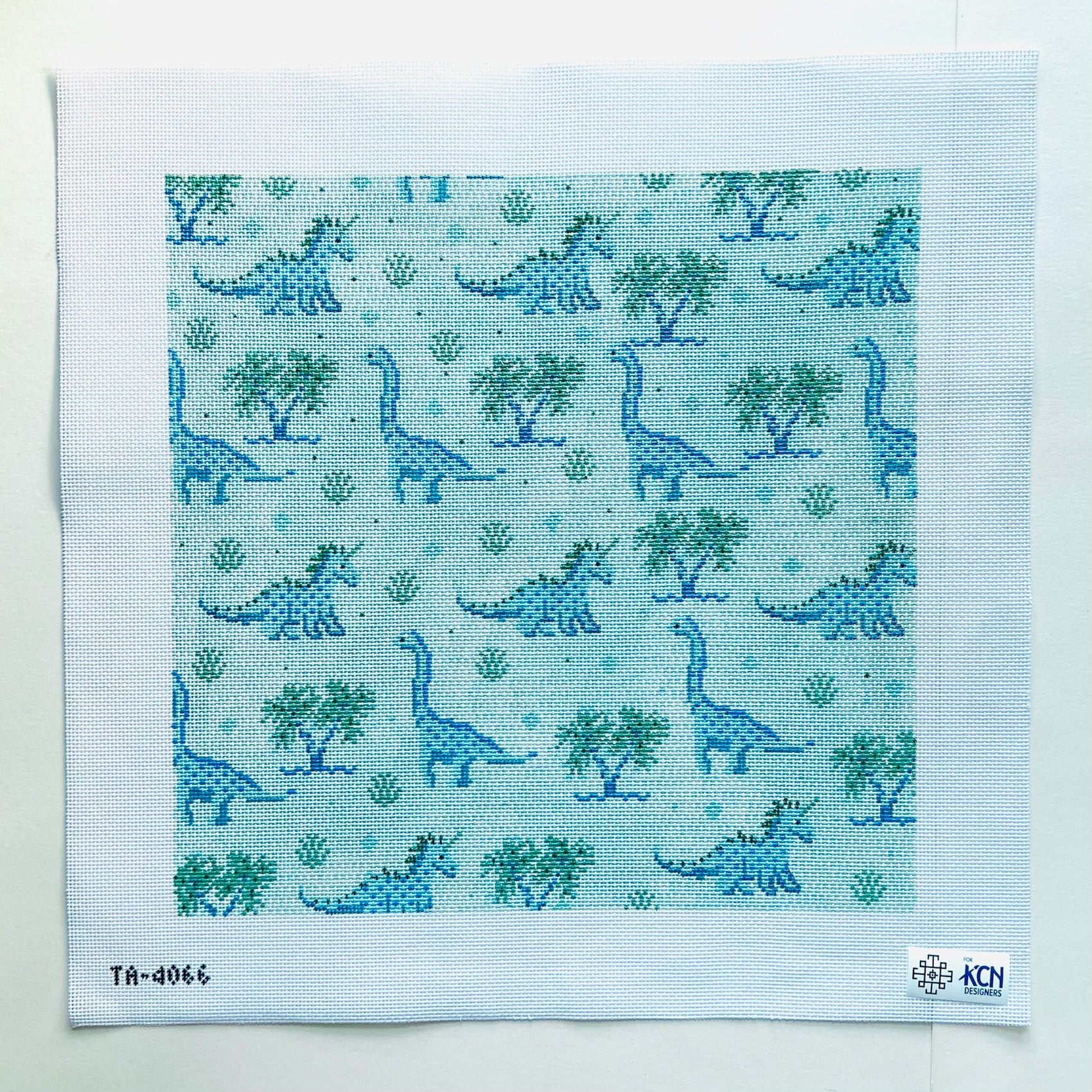 Dinosaur Large Square Canvas (Blue & Green) August Trunk Show-Needlepoint Canvas-KCN Designers-The Pepper Pot Barrington, IL