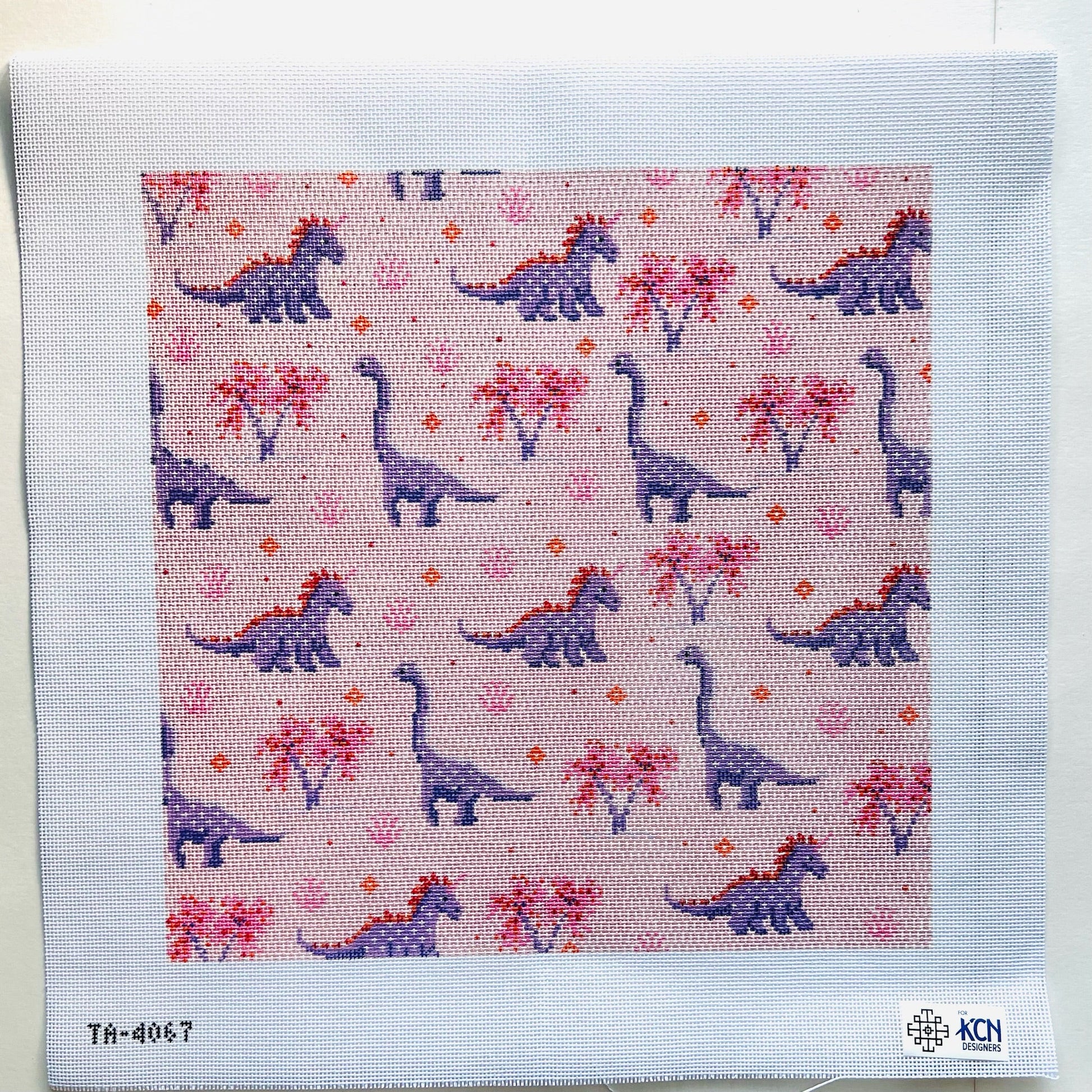 Dinosaur Large Square Canvas (Pink & Purple) August Trunk Show-Needlepoint Canvas-KCN Designers-The Pepper Pot Barrington, IL