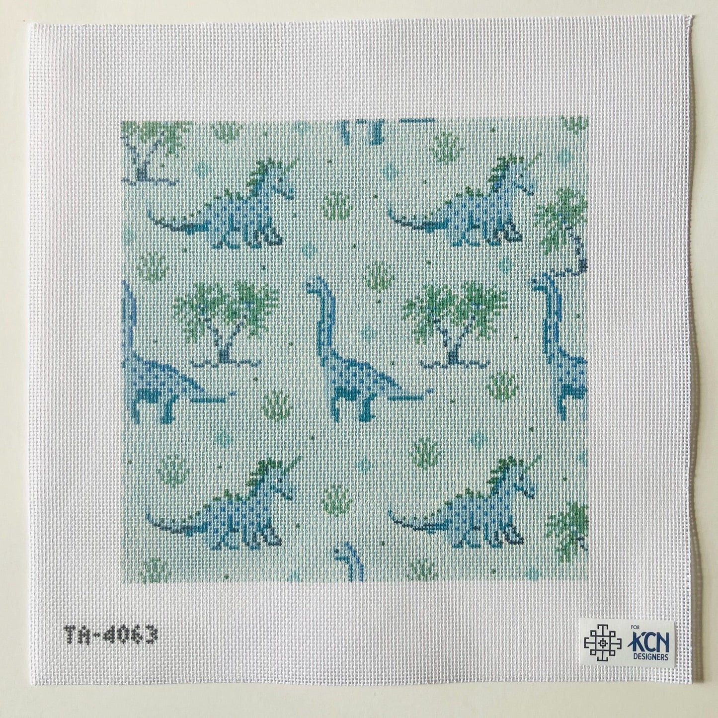 Dinosaur Square Canvas (Blue & Green) August Trunk Show-Needlepoint Canvas-KCN Designers-The Pepper Pot Barrington, IL