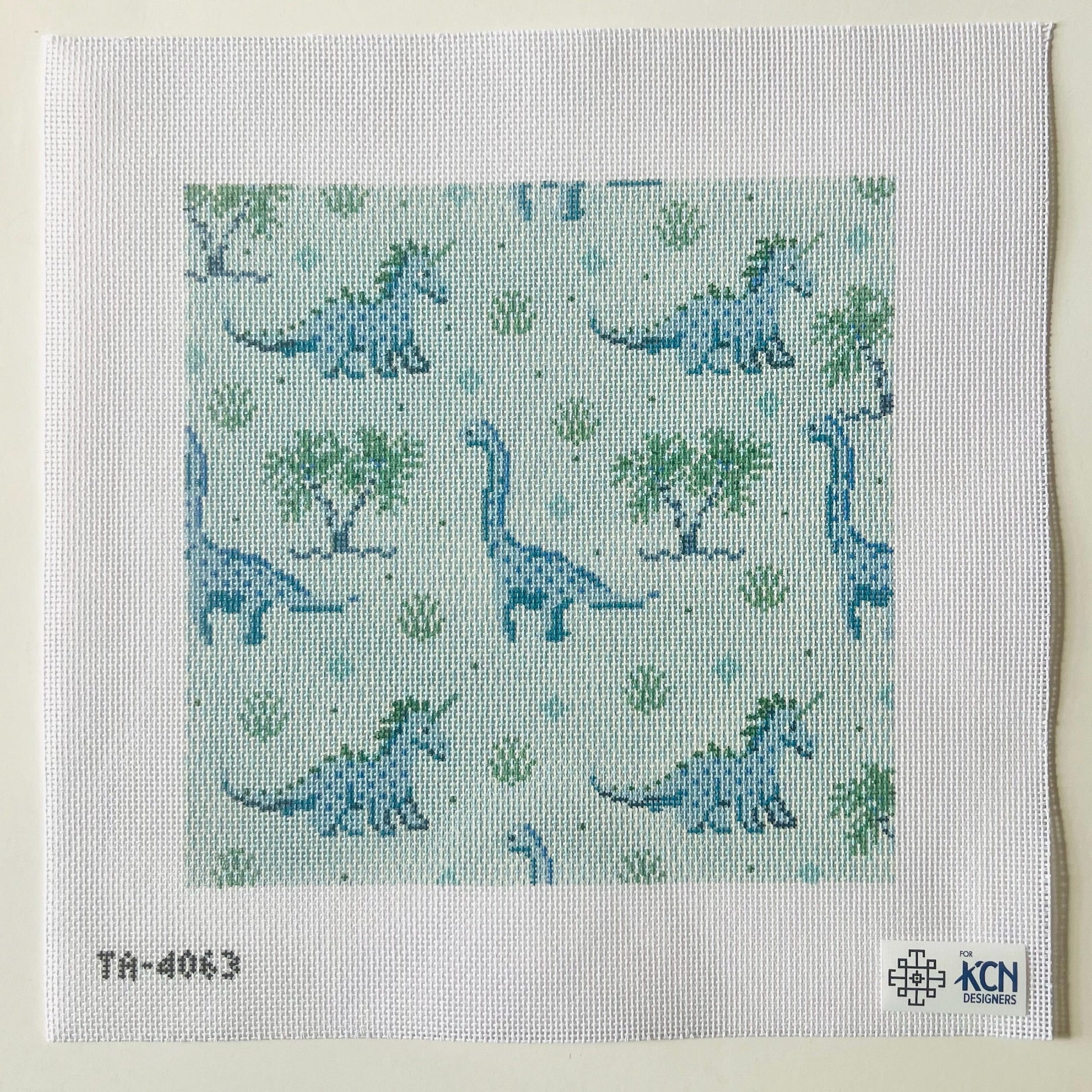 Dinosaur Square Canvas (Blue & Green) August Trunk Show-Needlepoint Canvas-KCN Designers-The Pepper Pot Barrington, IL
