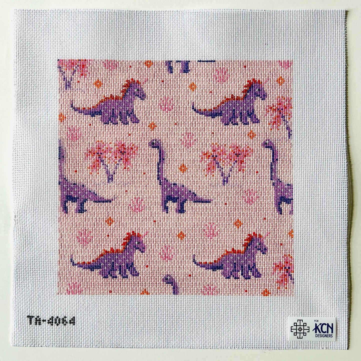 Dinosaur Square Canvas (Pink & Purple) August Trunk Show-Needlepoint Canvas-KCN Designers-The Pepper Pot Barrington, IL