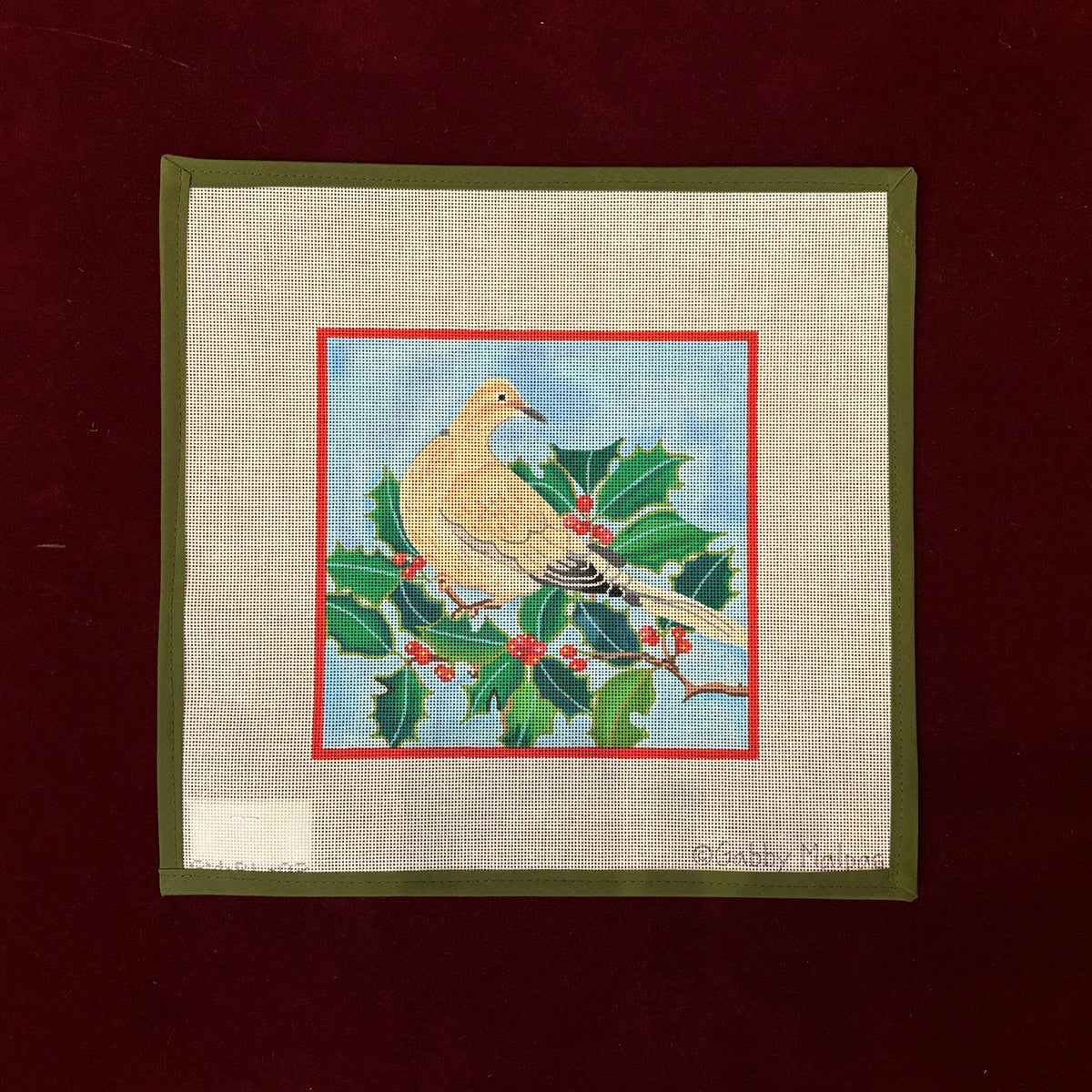 Dove in Holly-Needlepoint Canvas-Kate Dickerson-The Pepper Pot Barrington, IL