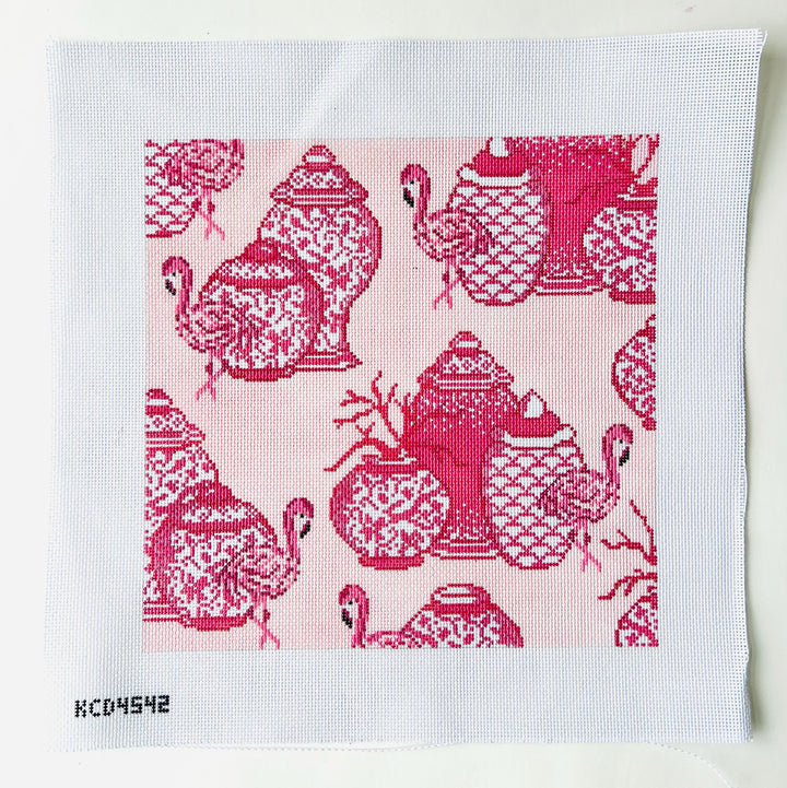 Flamingos and Fire Square August Trunk Show-Needlepoint Canvas-KCN Designers-The Pepper Pot Barrington, IL