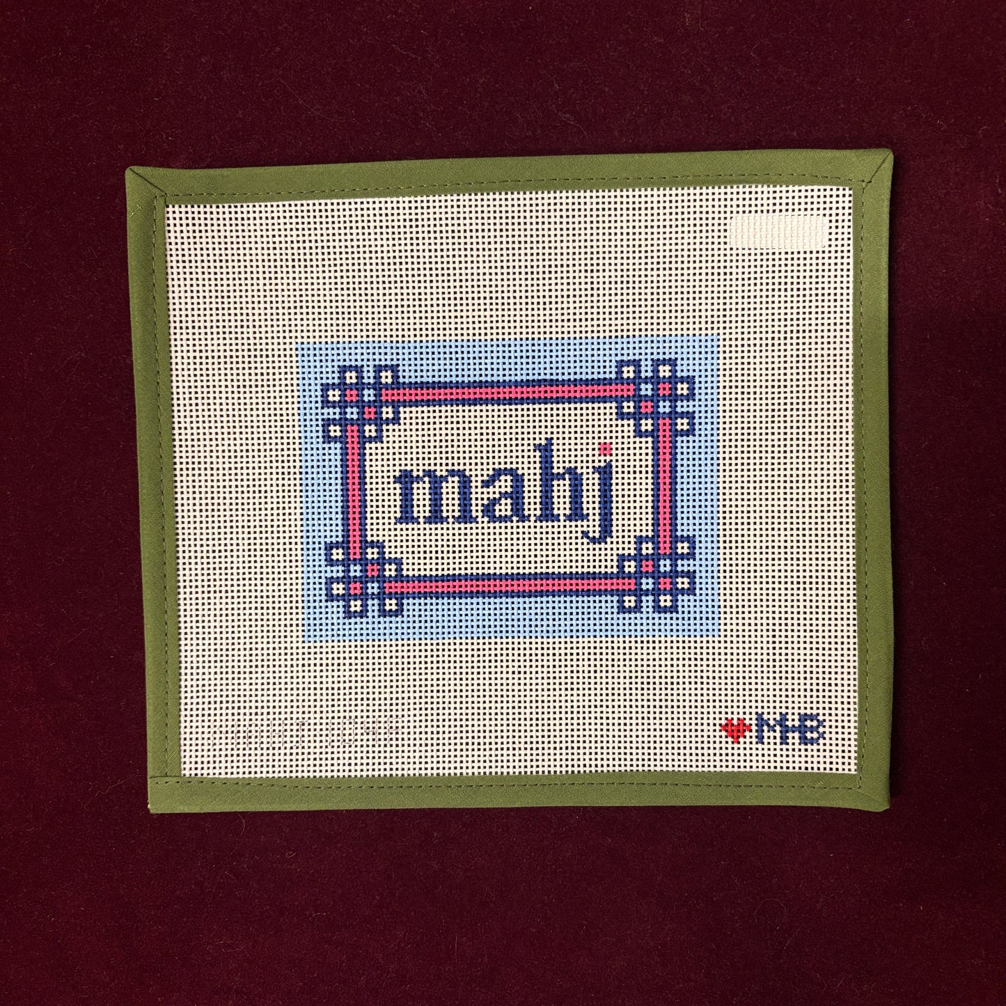 Floral Corner Mahjong Insert-Needlepoint Canvas-Love MHB-Light Blue, Pink-The Pepper Pot Barrington, IL
