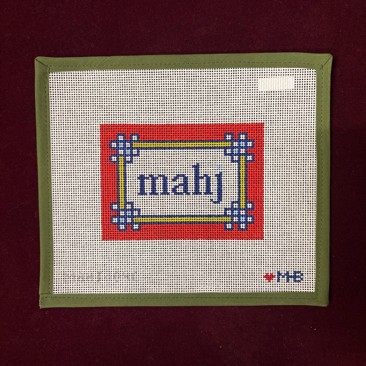 Floral Corner Mahjong Insert-Needlepoint Canvas-Love MHB-Red, Navy, Olive-The Pepper Pot Barrington, IL