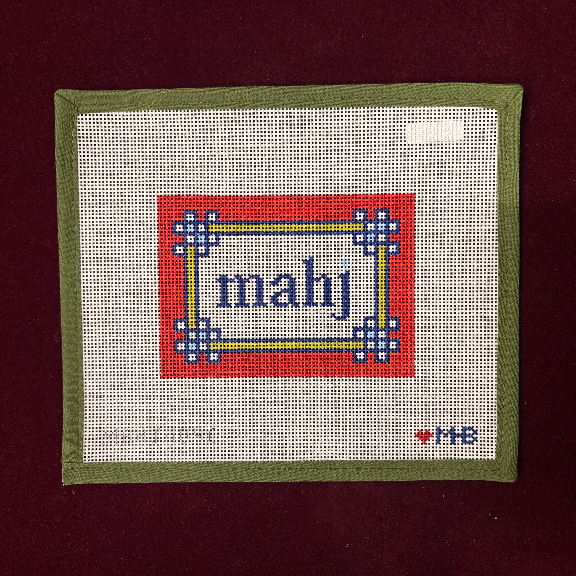 Floral Corner Mahjong Insert-Needlepoint Canvas-Love MHB-Red, Navy, Olive-The Pepper Pot Barrington, IL