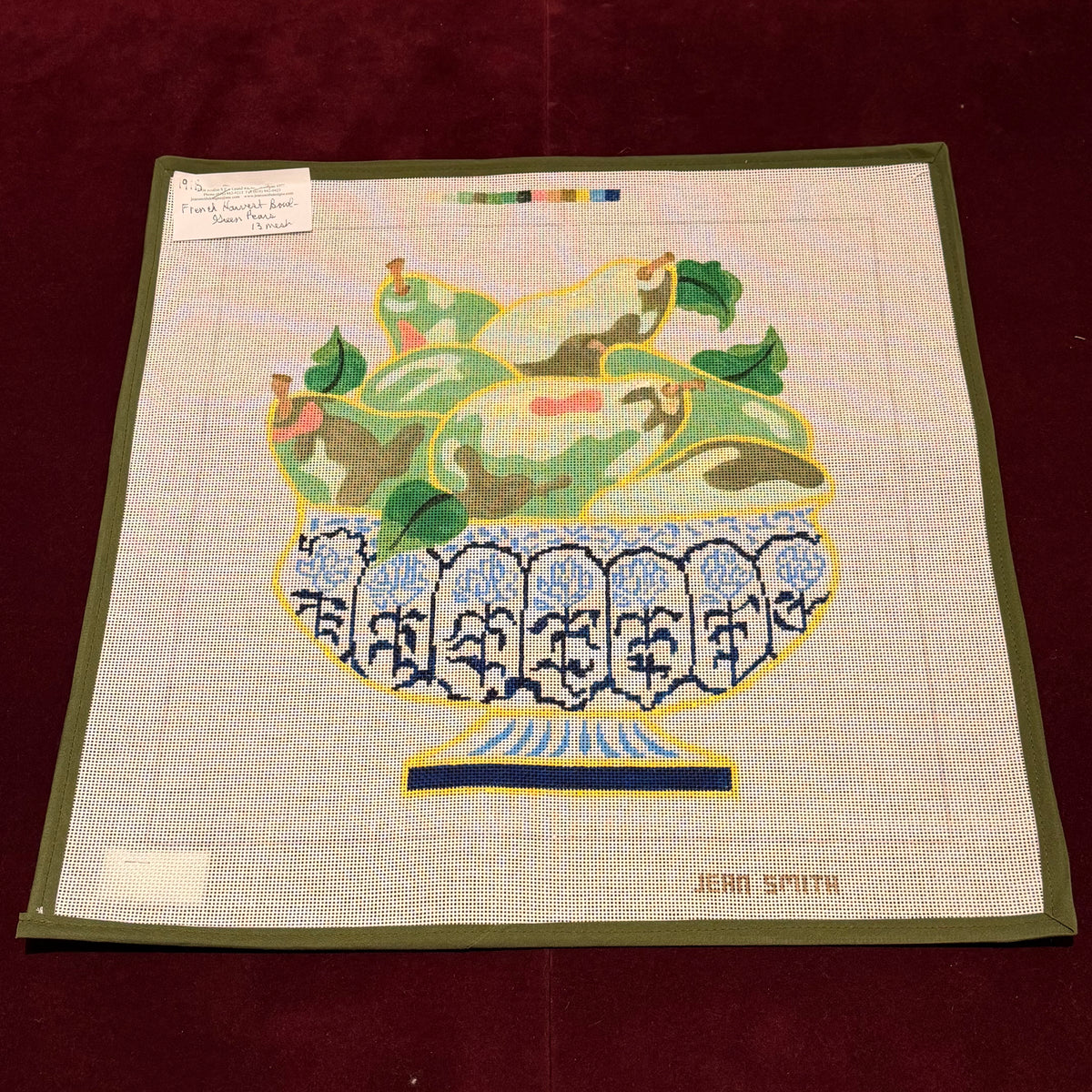 French Harvest Bowl - Green Pears-Needlepoint Canvas-Jean Smith-The Pepper Pot Barrington, IL