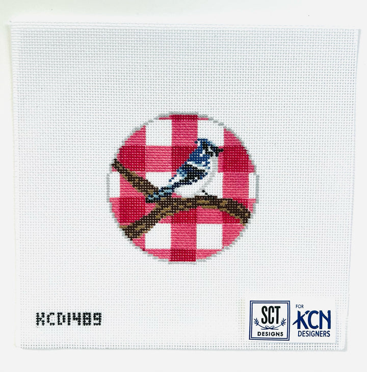 Gingham Round Blue Jay August Trunk Show-Needlepoint Canvas-KCN Designers-The Pepper Pot Barrington, IL