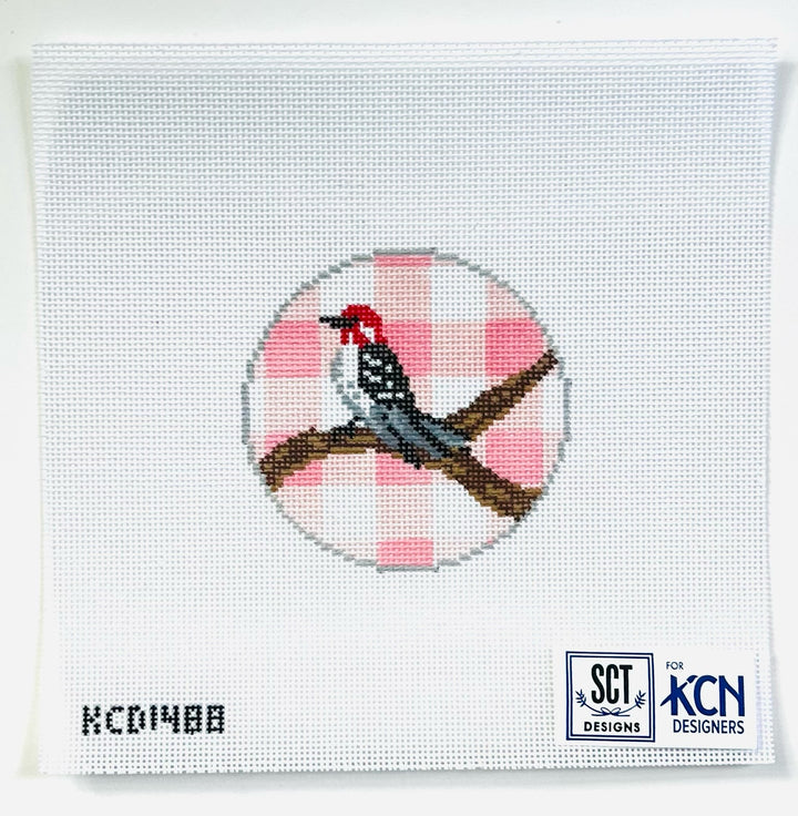Gingham Round Woodpecker August Trunk Show-Needlepoint Canvas-KCN Designers-The Pepper Pot Barrington, IL