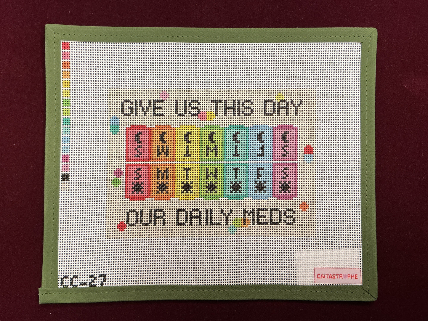 Give Us This Day Our Daily Meds-Needlepoint Canvas-Caitastrophe Co.-The Pepper Pot Barrington, IL