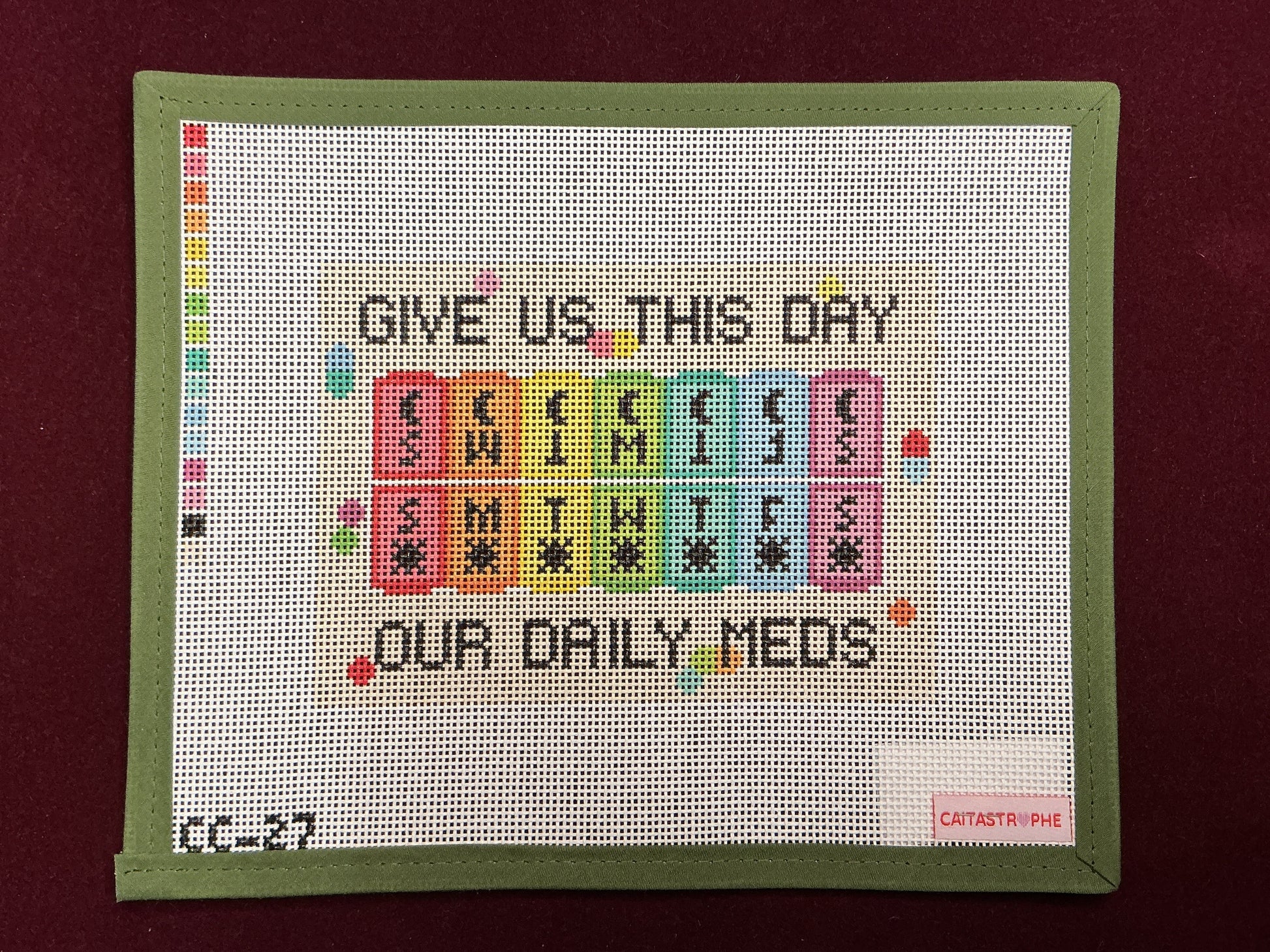 Give Us This Day Our Daily Meds-Needlepoint Canvas-Caitastrophe Co.-The Pepper Pot Barrington, IL