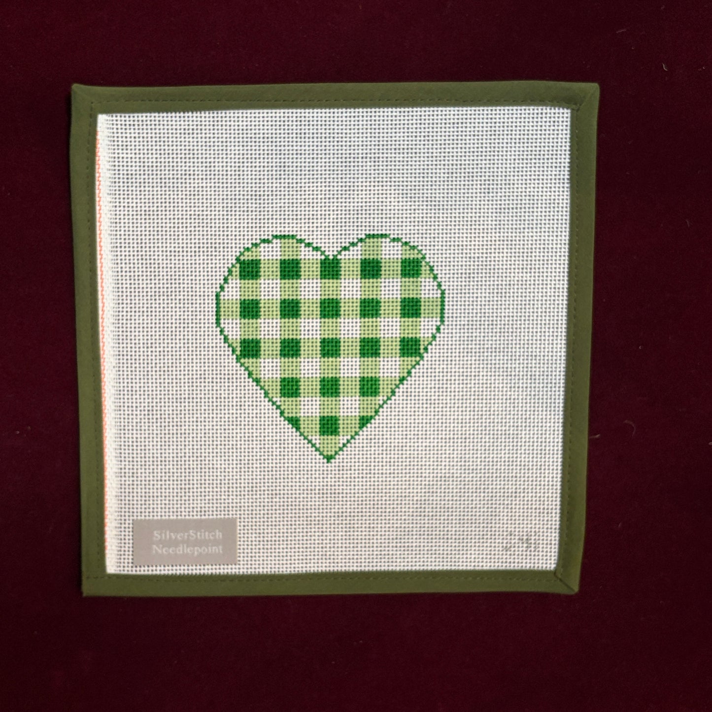 Green Gingham Heart (Small)-Needlepoint Canvas-Silverstitch Needlepoint-The Pepper Pot Barrington, IL