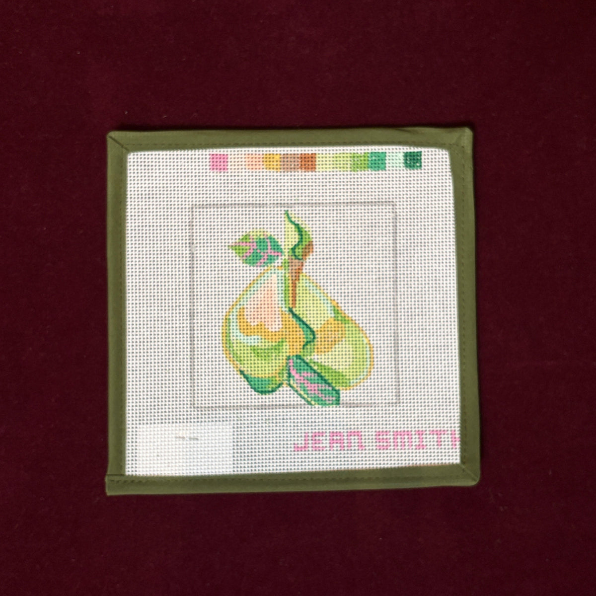 Green Pears Coaster-Needlepoint Canvas-Jean Smith-The Pepper Pot Barrington, IL