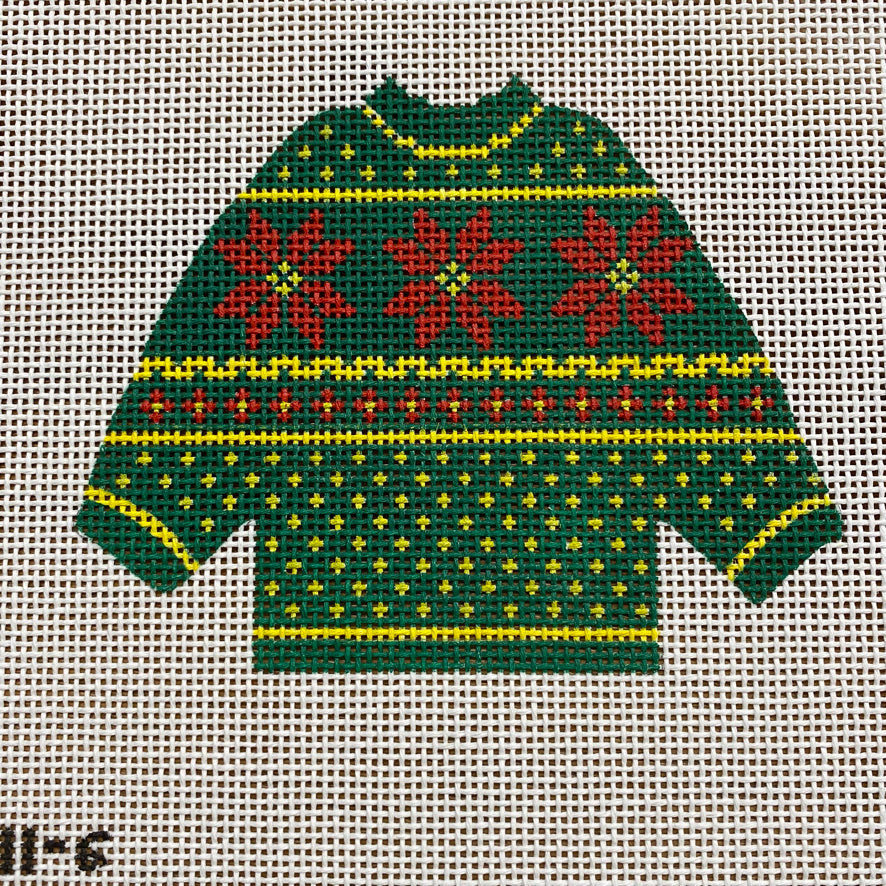 Green Poinsettia Pullover August Trunk Show-Needlepoint Canvas-KCN Designers-The Pepper Pot Barrington, IL
