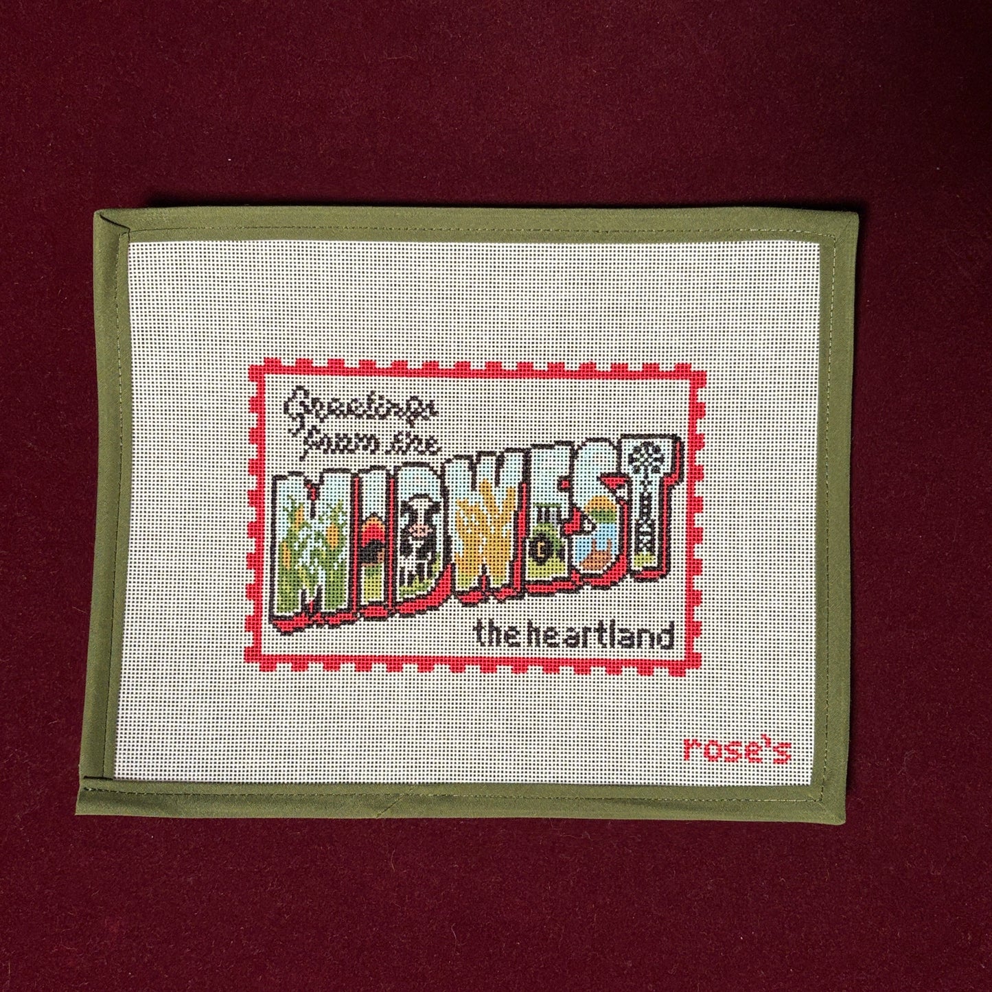Greetings From the Midwest Postcard-Needlepoint Canvas-Rose's Needlepoint Shop-The Pepper Pot Barrington, IL