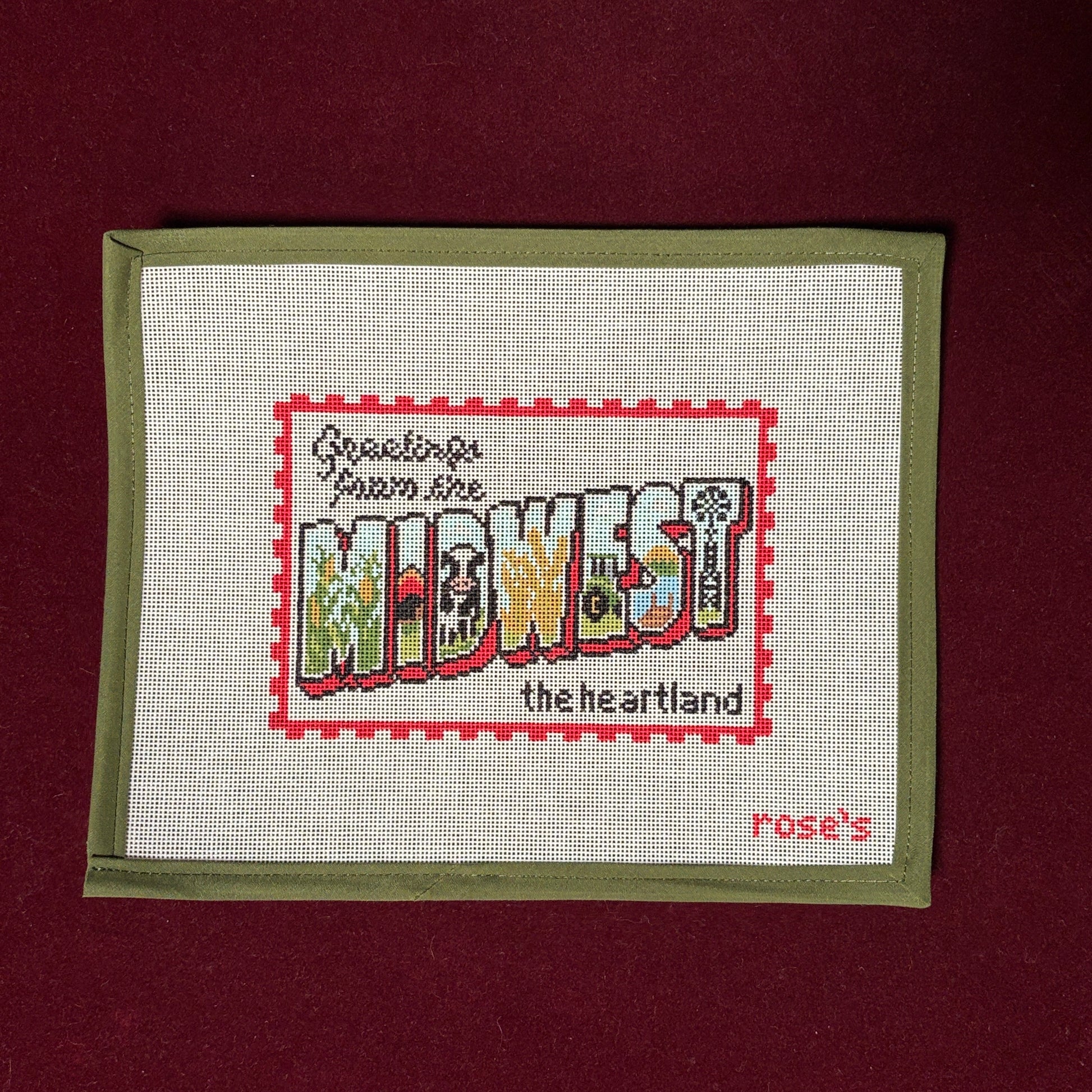 Greetings From the Midwest Postcard-Needlepoint Canvas-Rose's Needlepoint Shop-The Pepper Pot Barrington, IL