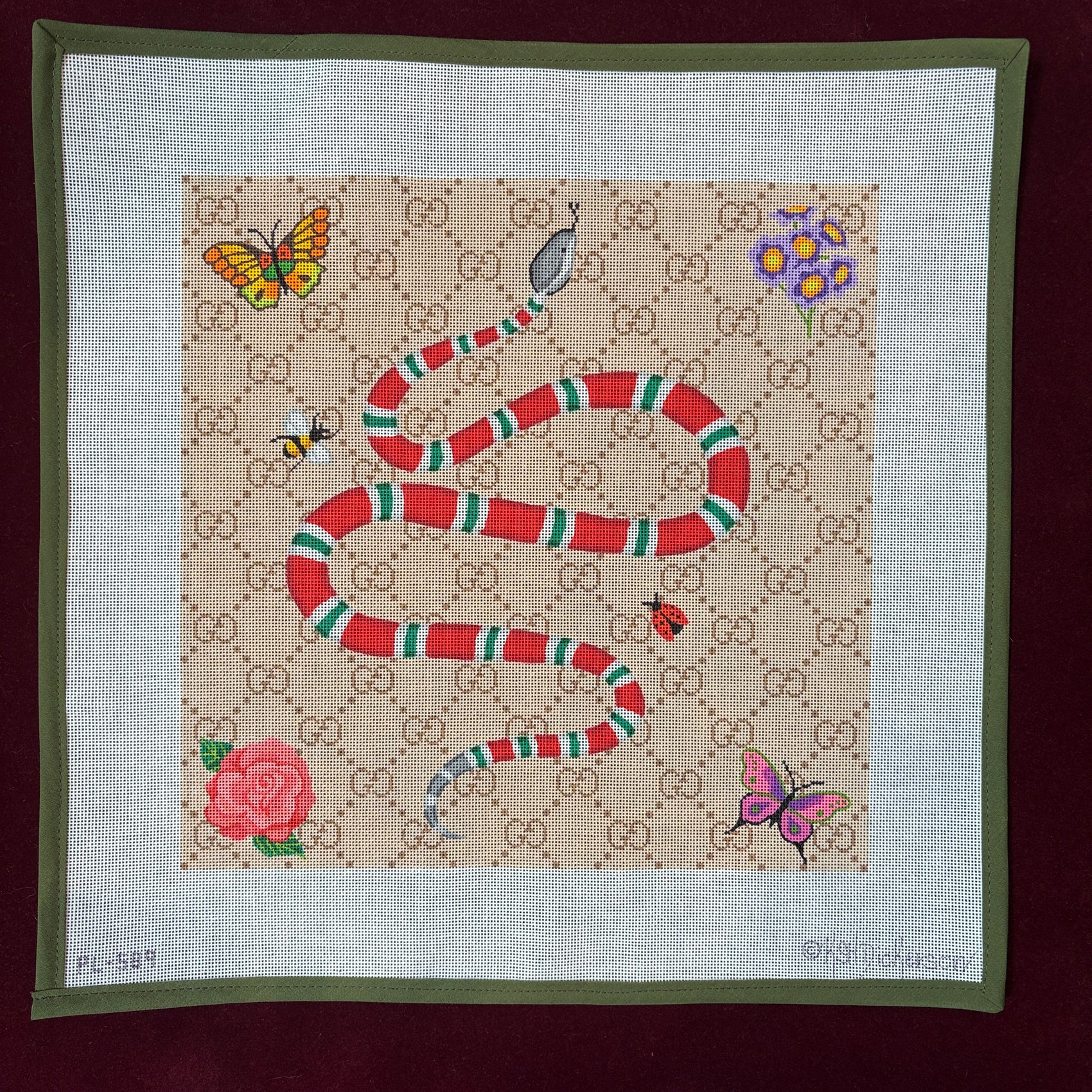 Gucci-inspired Snake & Flowers - Designer Scarf Series-Needlepoint Canvas-Kate Dickerson-The Pepper Pot Barrington, IL