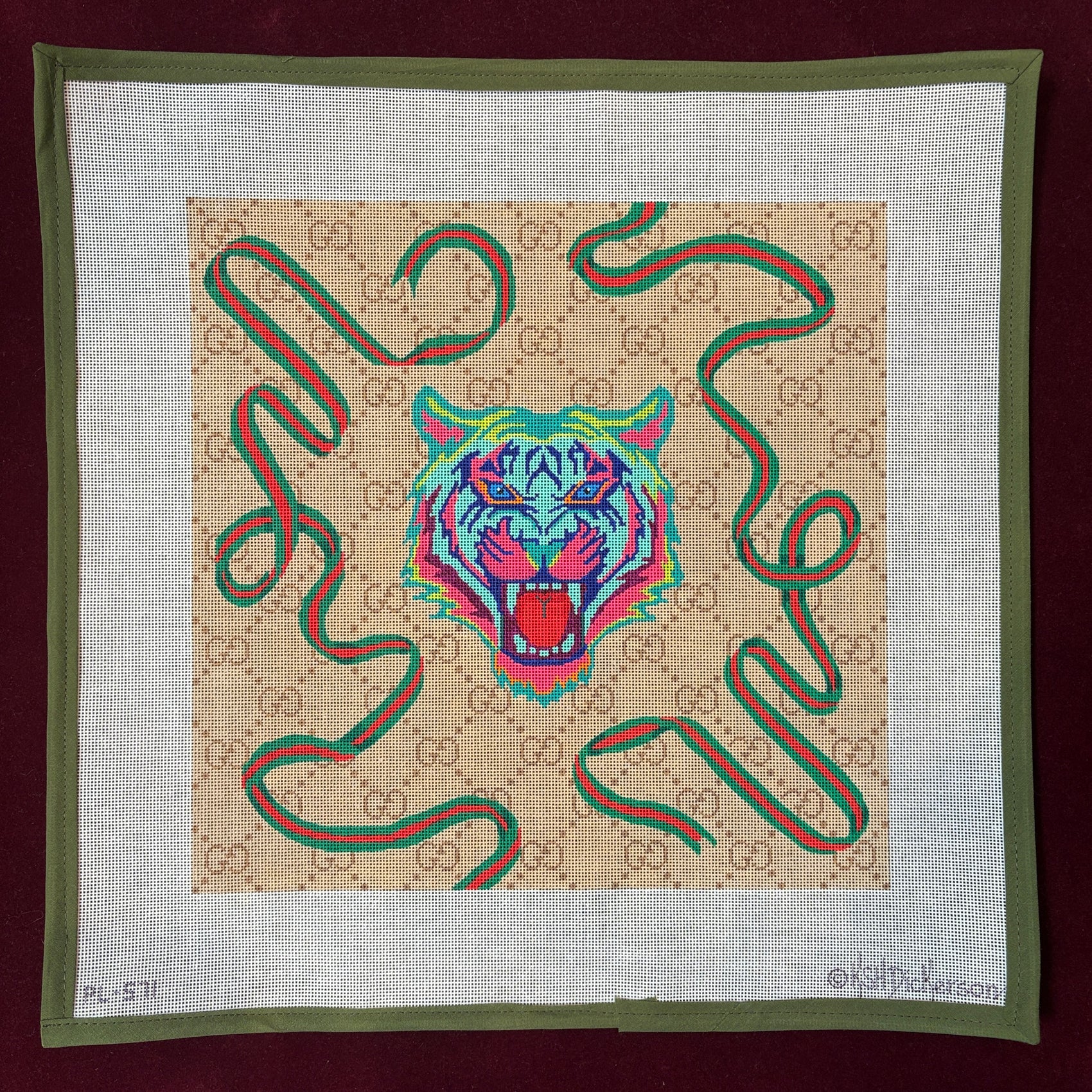 Gucci-Inspired Tiger with Green and Red Swirling Ribbons-Needlepoint Canvas-Kate Dickerson-The Pepper Pot Barrington, IL