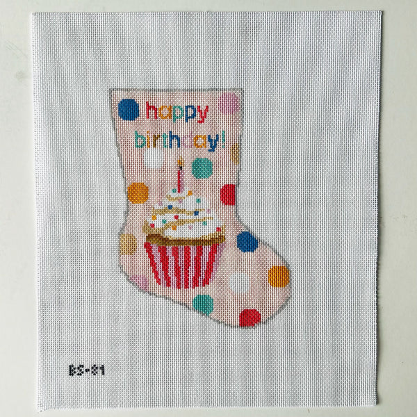Happy Birthday Pink Ornament Sized Stocking August Trunk Show-Needlepoint Canvas-KCN Designers-The Pepper Pot Barrington, IL