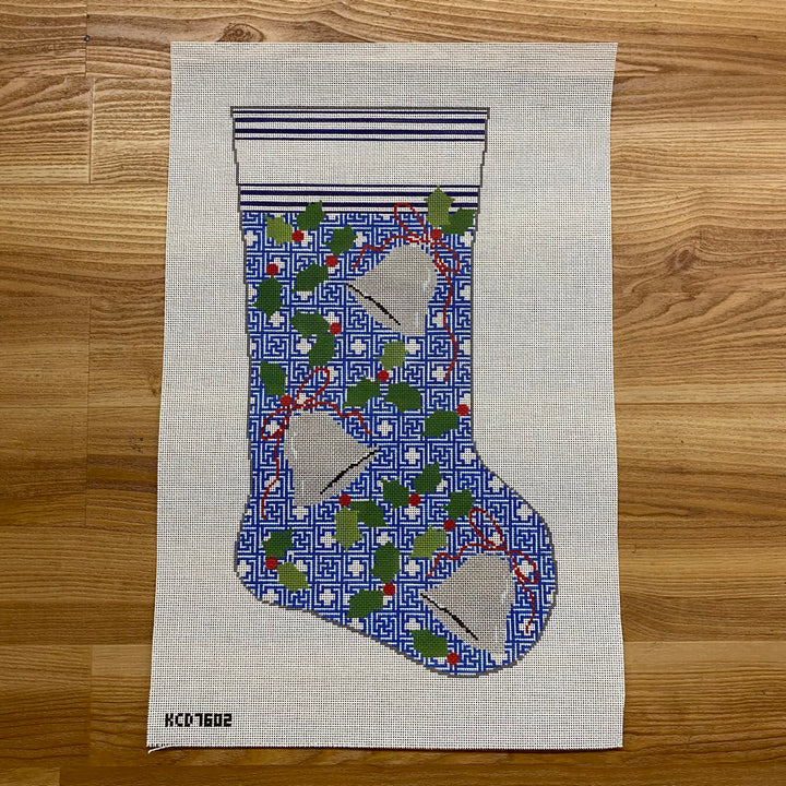 Holly and Bells on Kristen Large Stocking August Trunk Show-Needlepoint Canvas-KCN Designers-The Pepper Pot Barrington, IL