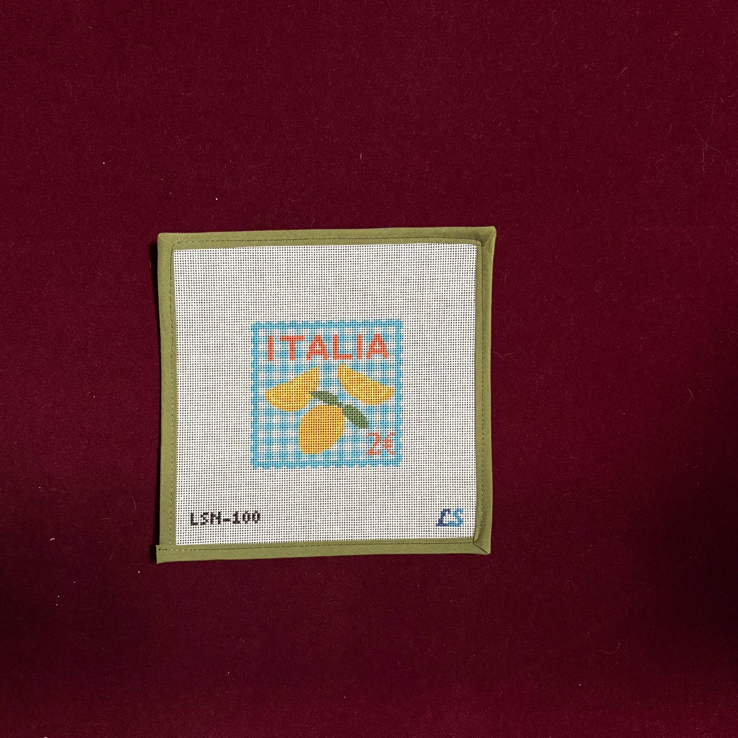 Italy Travel Stamp-Canvas-Lake Shore Needlepoint-The Pepper Pot