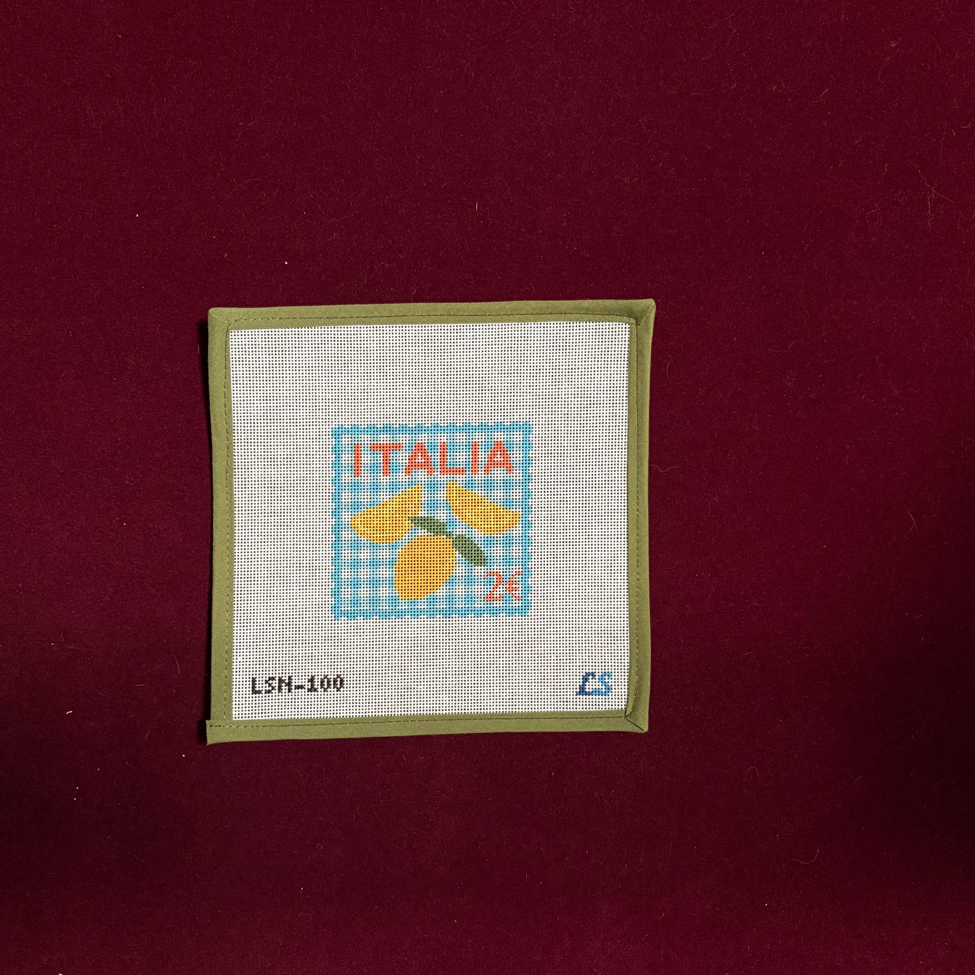 Italy Travel Stamp-Canvas-Lake Shore Needlepoint-The Pepper Pot